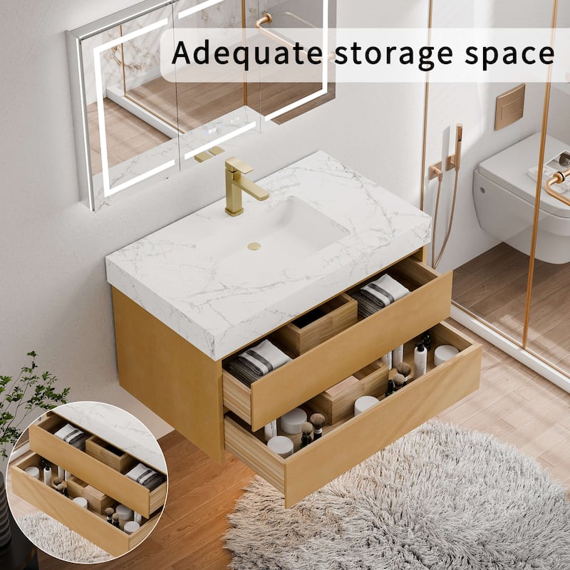 Modland 36" Floating Modern Bathroom Vanity with Single Sink,Maple Wood Wall Mounted Vanity with Marble Countertop - 36 Inch