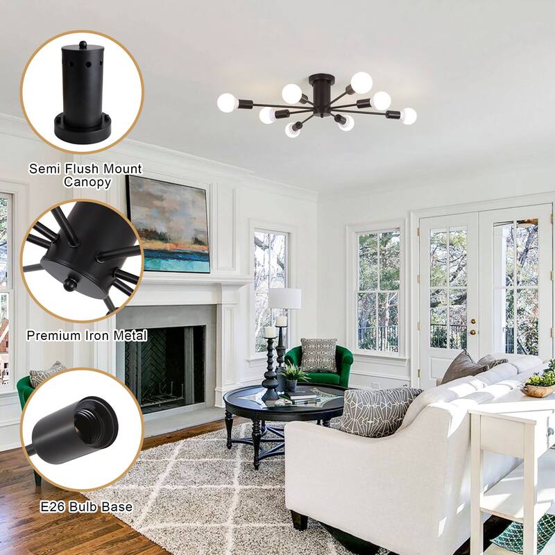 8-Light Modern Semi Flush Mount Sputnik Ceiling Light for Kitchen Bedroom Dining Room