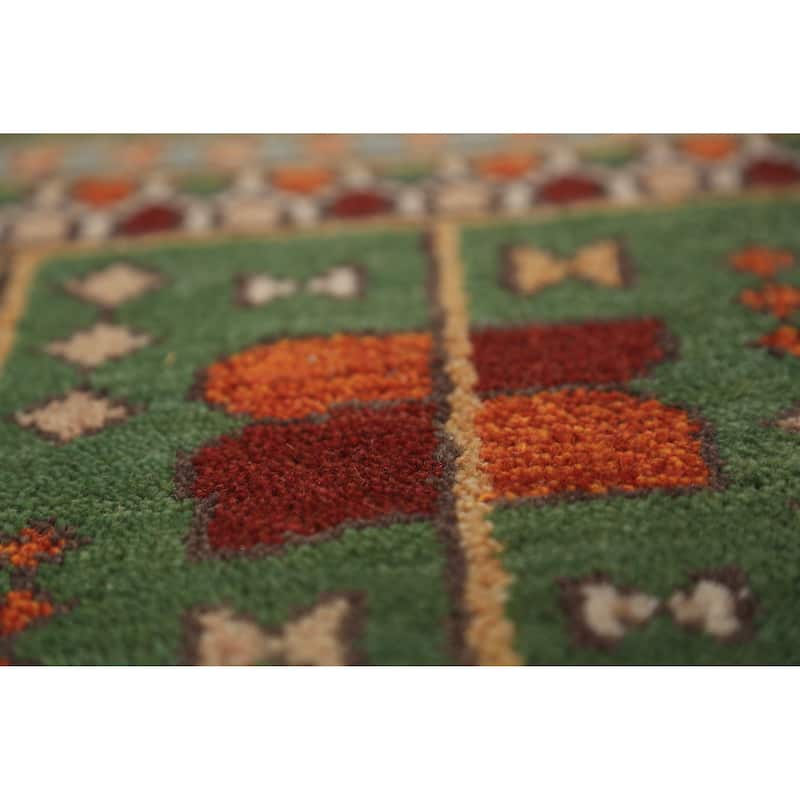 Tribal Green Kazak Indian Runner Rug Hand-Knotted Wool Carpet - 3'11"x 9'10"