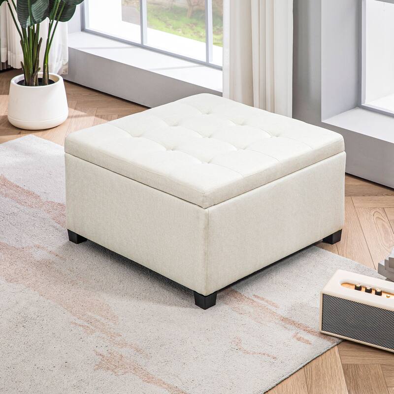 Fabric Tufted Storage Ottoman with Flip Top Seat Lid, Metal Hinge and Stable Eucalyptus Wood Frame