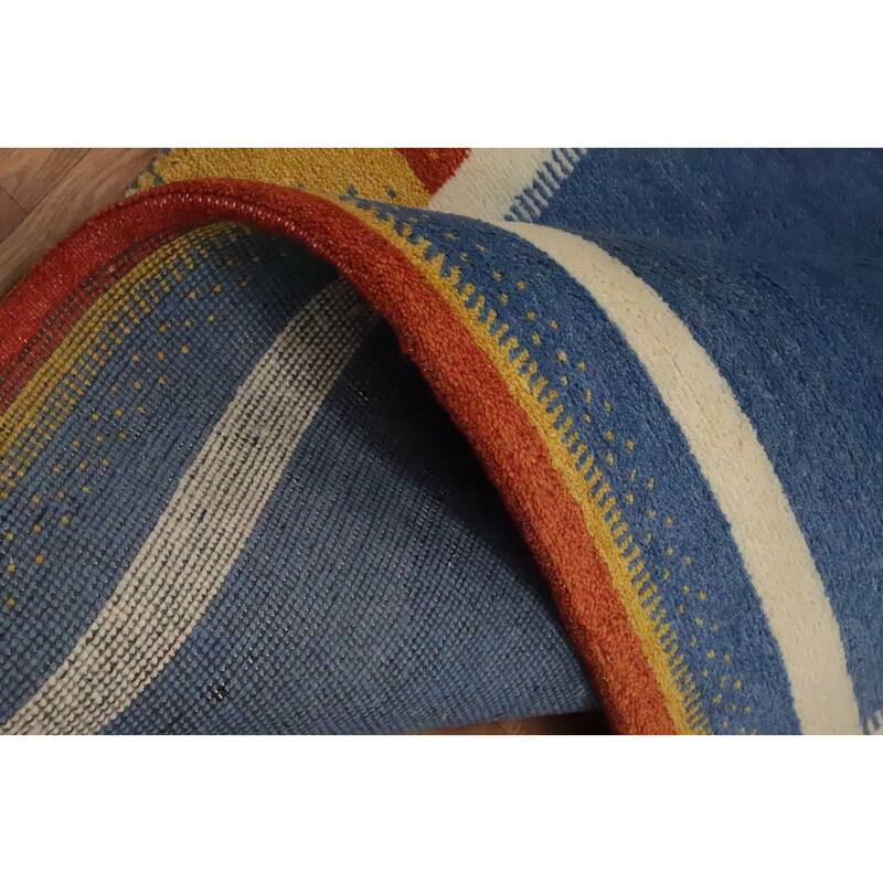 Hand Knotted Oriental 100% Wool Carpet Modern Geometric Navy Blue & Blues Gabbeh Area Rug - 6' 8'' X 4' 7''