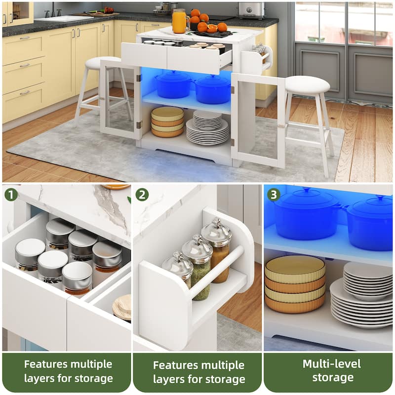 Moasis Rolling Kitchen island with Seating and LED Lights,Mobile Storage Islands with Drop Leaf, Dining Table with Power Outlet