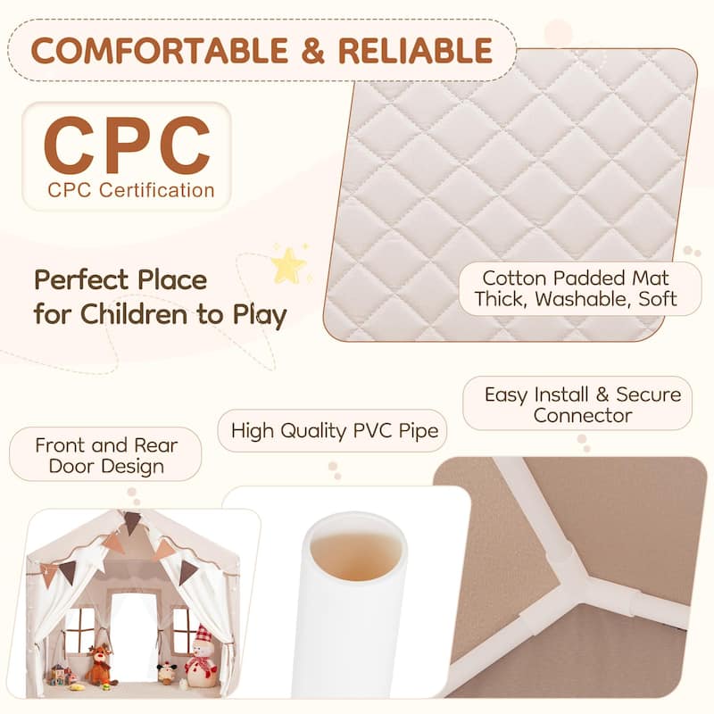 EROMMY Kids Tent Playhouse with LED Star Lights and Padded Mat, Large Indoor Toddler Tent for Boys and Girls.