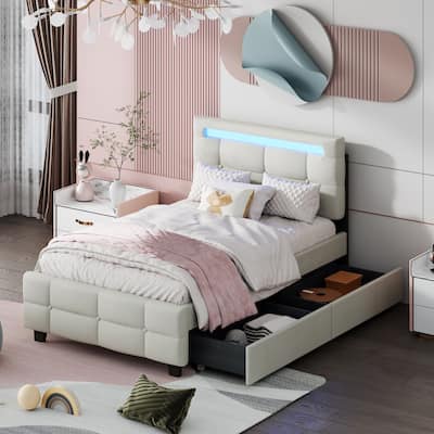 Twin Size Upholstered Platform Bed with 2 Storage Drawers and LED Light, Linen Fabric Bed Frame with Tufted Headboard for Kids
