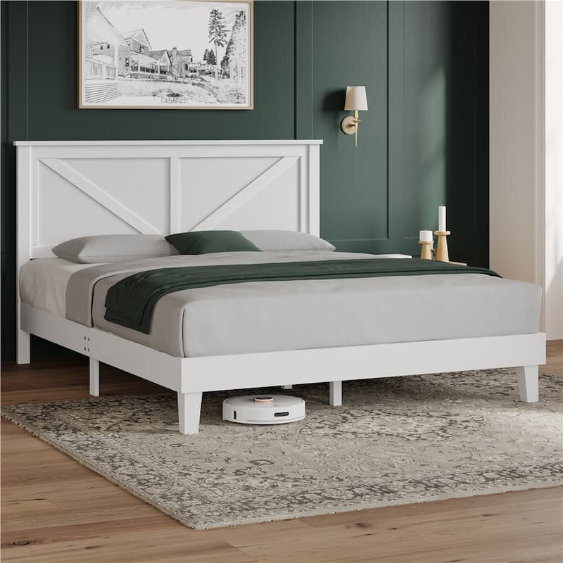 Yaheetech Farmhouse Wood Bed Platform No Box Spring Needed - White - Full