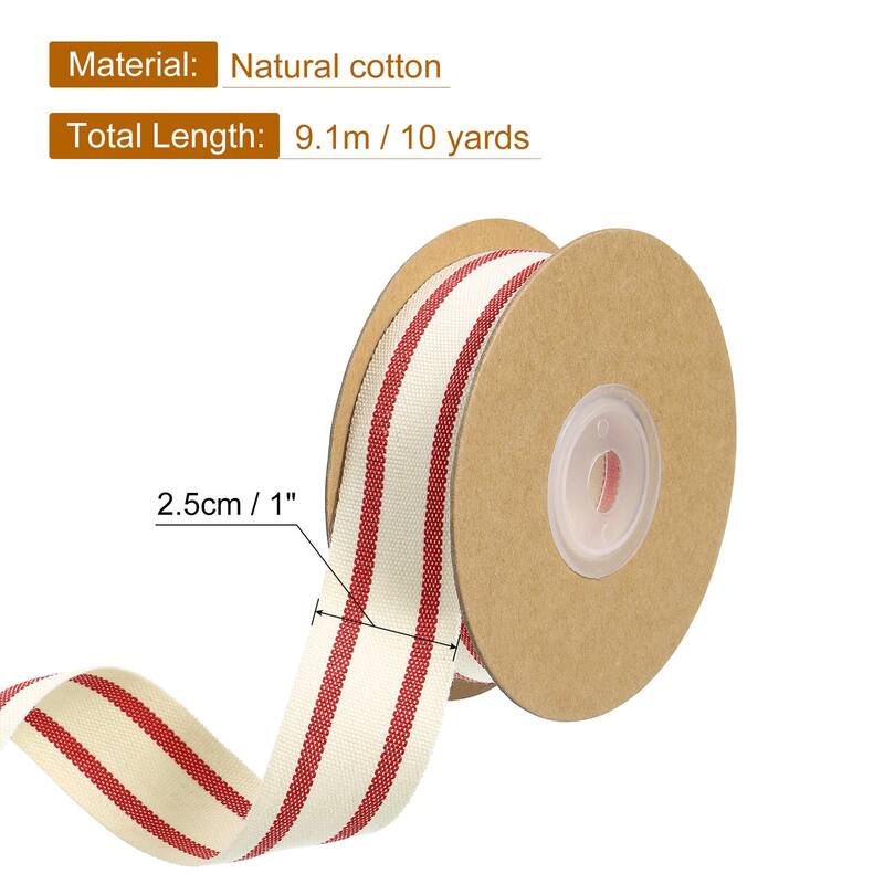 Natural Cotton Stripes Ribbon - Natural with Red - 1"