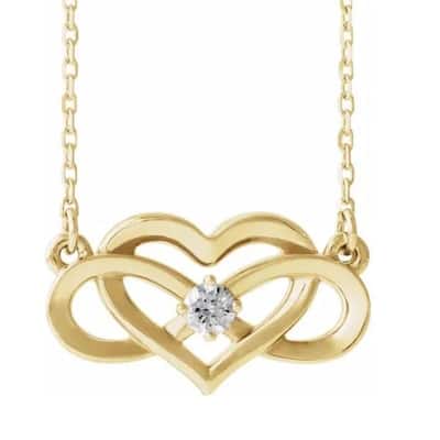 Yellow Gold Solitaire Heart Shaped Infinity Pendant 18" Necklace