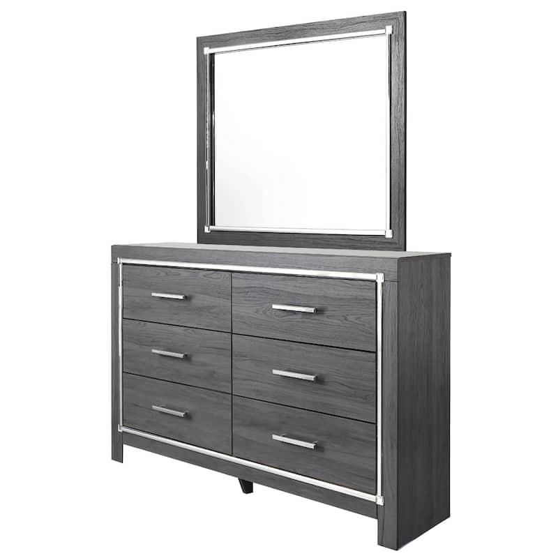 Leva 2pc Dresser and Mirror Set, 6 Drawers w Chrome Handles, Dark Gray