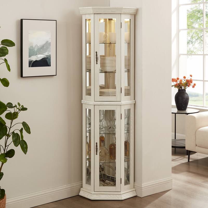 Lighted Corner Curio Cabinet Glass Display Shelf Tempered Doors Adjustable Shelving White - White