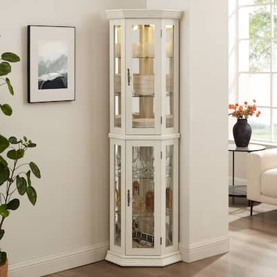 Lighted Corner Curio Cabinet Glass Display Shelf Tempered Doors Adjustable Shelving White