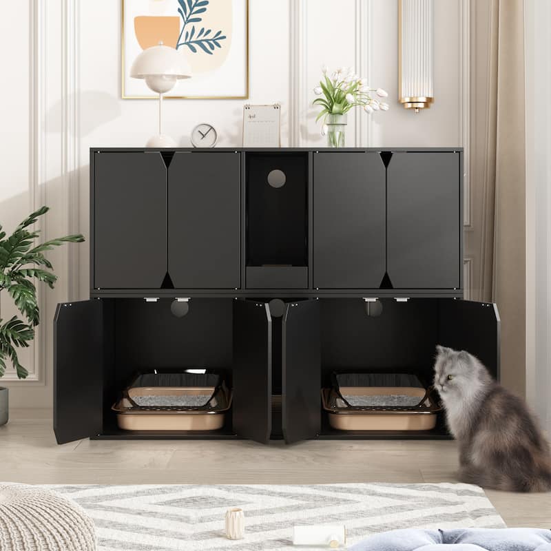 Multifunctional Wooden Cat Washroom Storage Bench Litter Box Cabinet