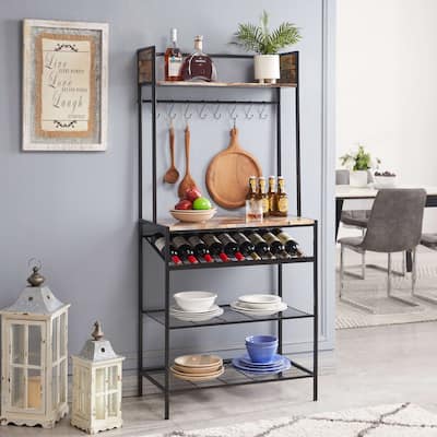 Red Tile Bakers Rack with 9 Wine Bottle Capacity Rack & 8 Hooks - Kitchen Storage Organizer, Black