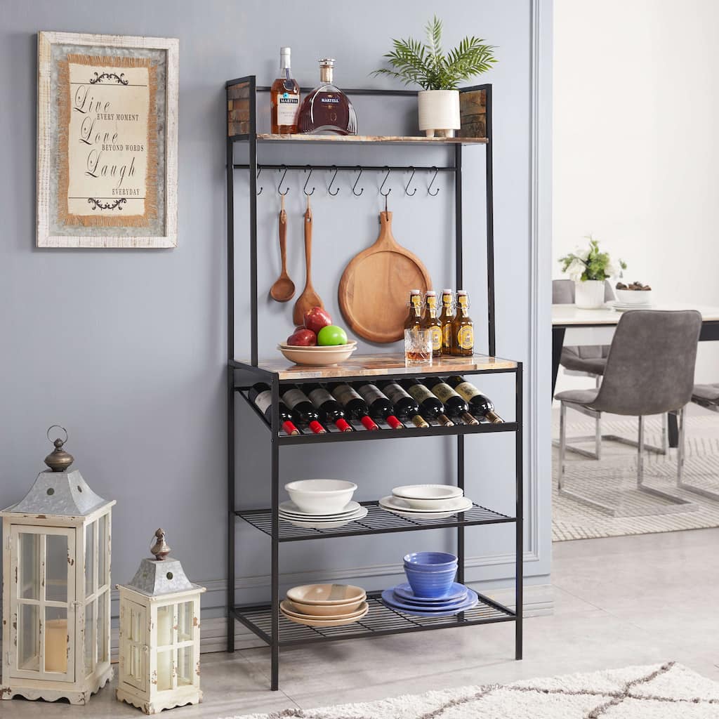 Red Tile Bakers Rack with 9 Wine Bottle Capacity Rack & 8 Hooks - Kitchen Storage Organizer, Black