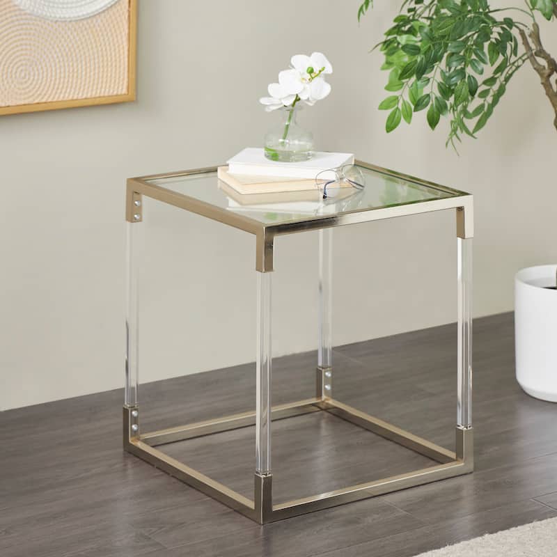 Metal Floral Cube Shaped Accent Table with Clear Glass Top and Acrylic Legs - Silver or Gold - Roche River Decor