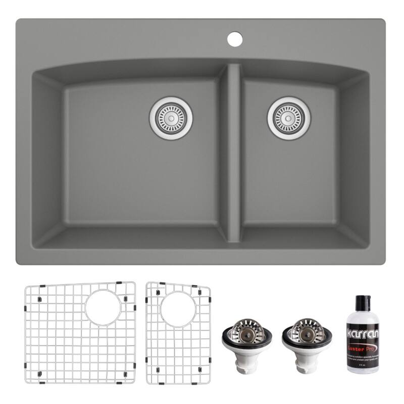 Karran Drop-In Quartz 33 in. 1-Hole 60/40 Double Bowl Kitchen Sink Kit
