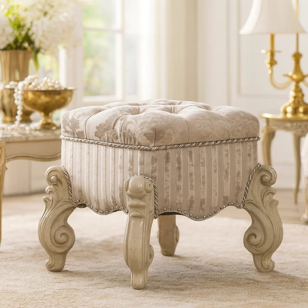 Tufted Fabric Upholstered Wooden Vanity Stool with Scrolled Legs, Bone White