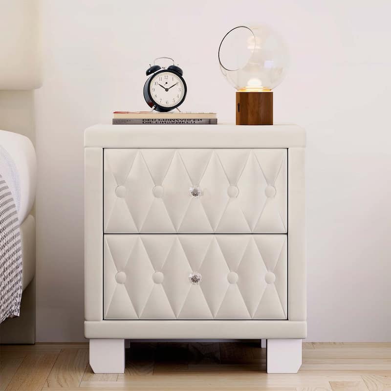 Nightstand with 2 Drawers,Crystal Handles,and Button-Tufted Design,for Bedroom Decor