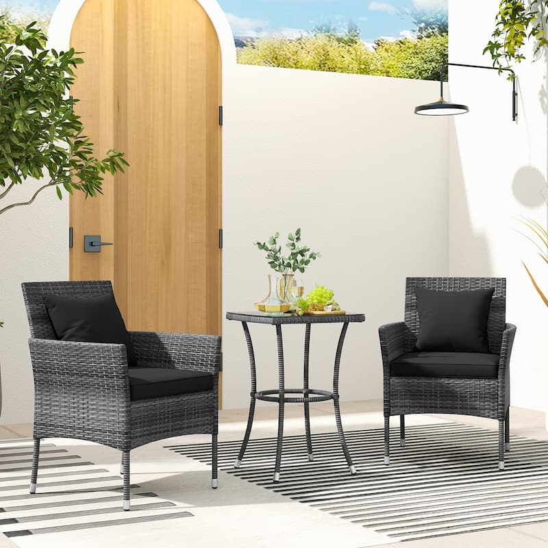 3 Piece Patio Set with Cushioned Chairs and Glass Top Coffee Table - 20" x 20" x 28"