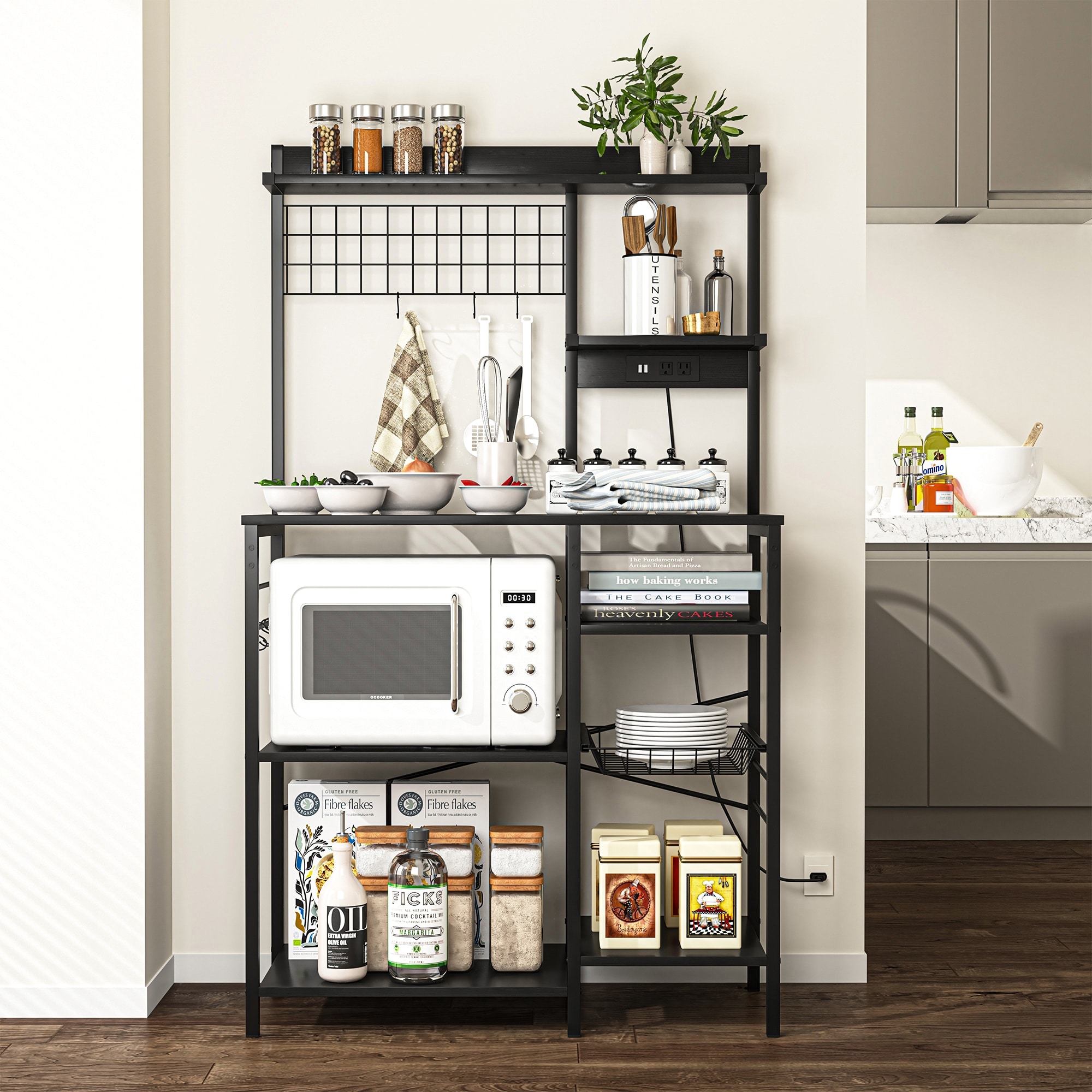 Multifunctional Kitchen Shelf with Charging Board and Hooks - On