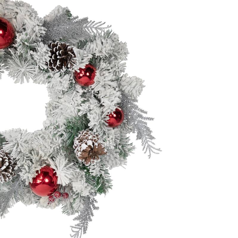 Flocked Pine Red Ornaments Artificial Christmas Wreath 24 Inch Unlit