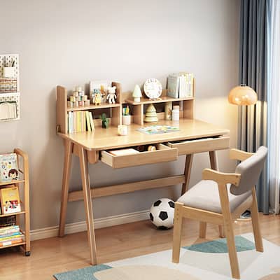 Kids Study Desk with Chair, Wooden Children Table with Drawers and Storage Shelf, Writing Desk with Hook for Home Use