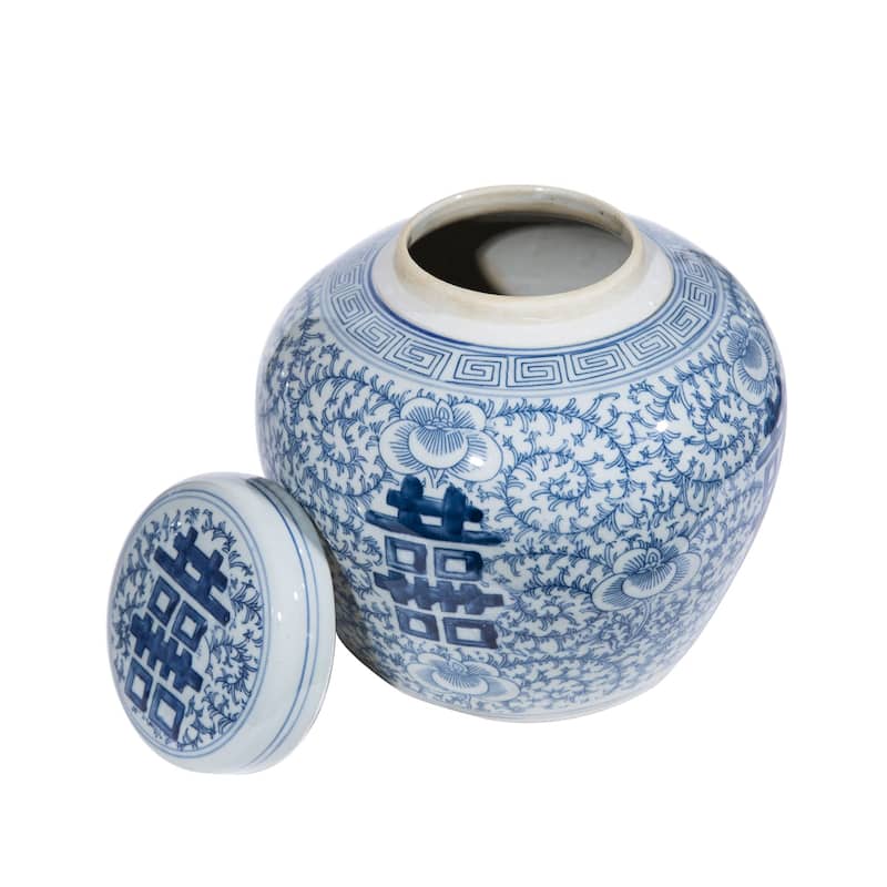 Blue and White Double Happiness Floral Lidded Jar