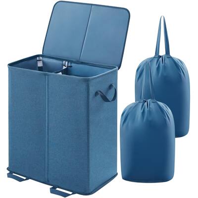 Double Laundry Hamper with Lid and Removable Laundry Bags, Large Collapsible 2 Dividers Dirty Clothes Basket with Handles