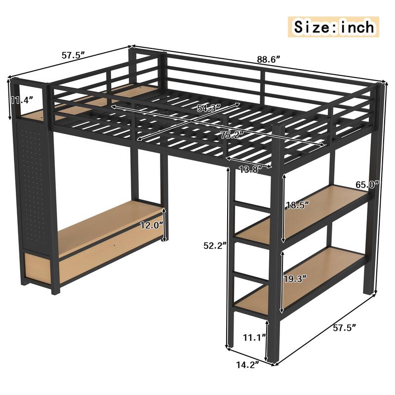 Roomfitters Full/Queen Size Metal Loft Bed Frame with Wardrobe, Storage Shelves & Pegboard, Space-Saving Functional Design