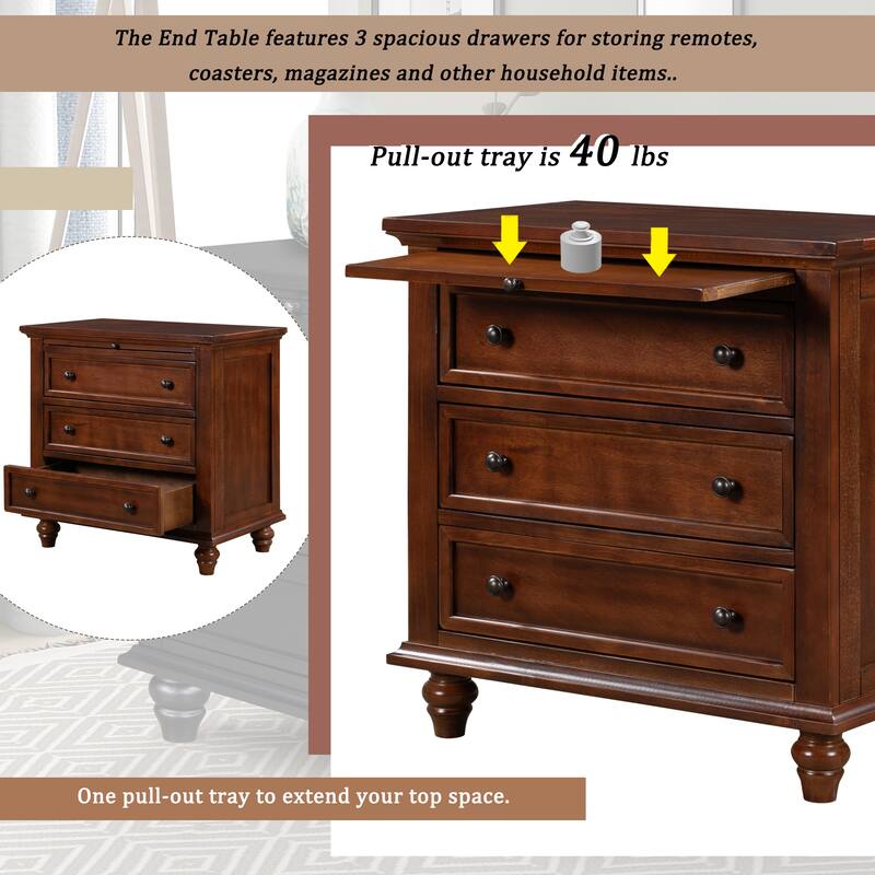 U_STYLE 28'' Pine Veneer Nightstand: 3 Drawers + Pull-Out Tray for Bedroom/Sofa