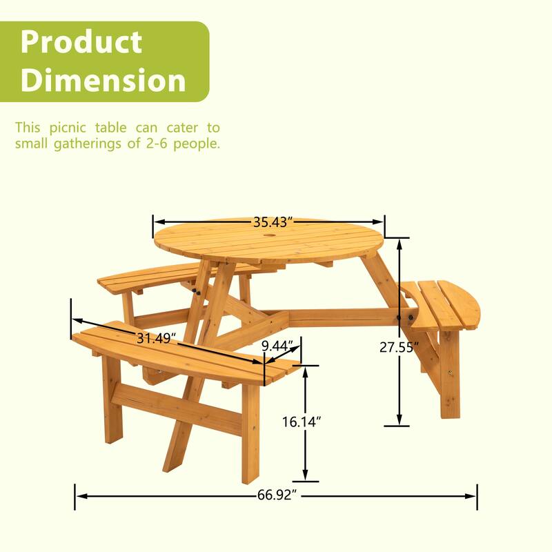 6 Seater Round Dining Table Set with 3 Built-in Benches, Outdoor Courtyard Wooden Picnic Table for Patio, Lawns, Garden