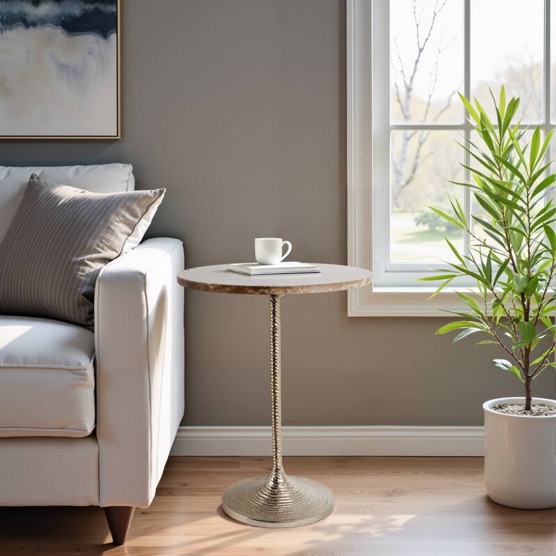 Metal Base Marble Top Modern Glam Accent Table Round Silhouette - Tan - 16" x 16" x 20.75"