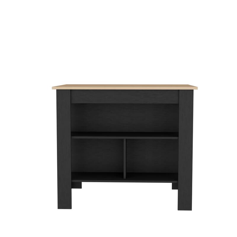 Spacious Kitchen Table Island, 3 Shelves, 35" High, Black & Light Oak Finish