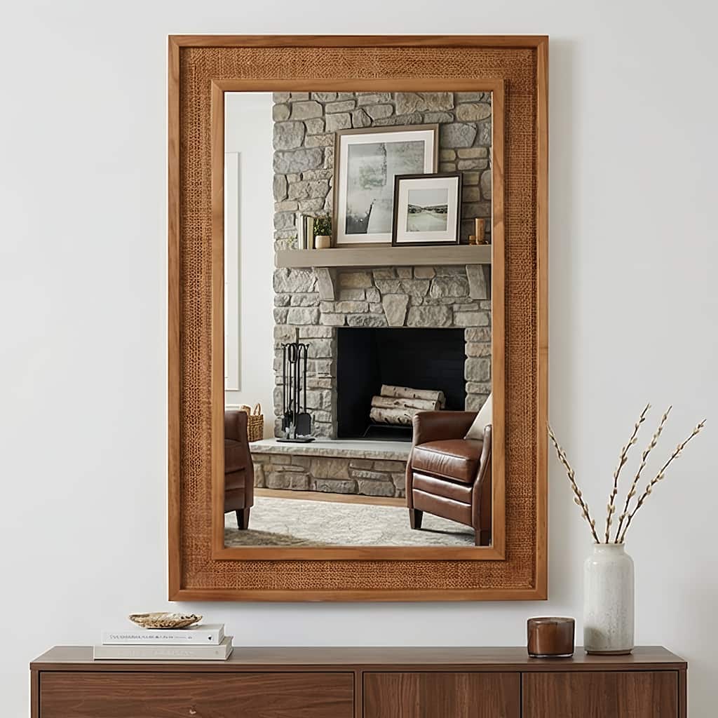 Rattan Rectangle Solid Wood Frame Decorative Mirror