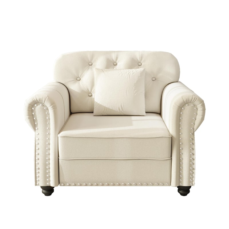 Velvet Chaise Lounge Chair with Ottoman, Mid-Century Modern Chesterfield Single Sofa Chair with Rolled Arms & Nailhead Trim