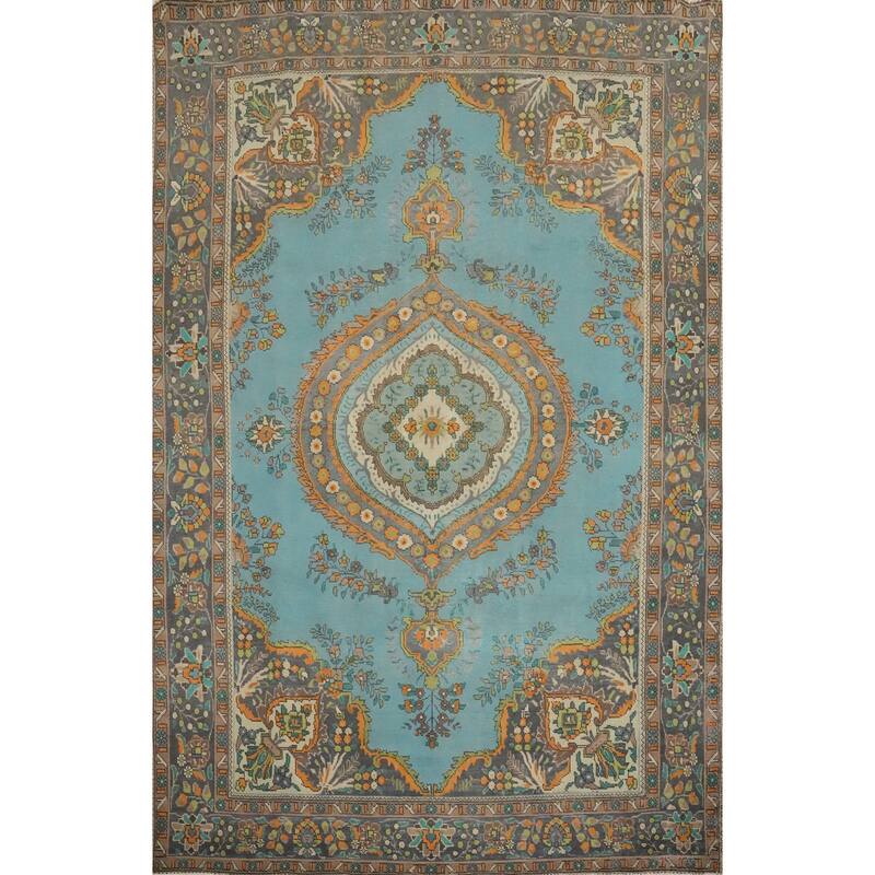 Hand Knotted Oriental 100% Wool Carpet Traditional Floral Navy Blue & Blues Tabriz Area Rug - 12' 3'' X 9' 4''