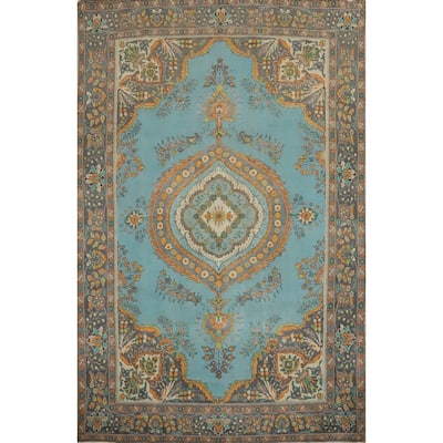 Hand Knotted Oriental 100% Wool Carpet Traditional Floral Navy Blue & Blues Tabriz Area Rug - 12' 3'' X 9' 4''