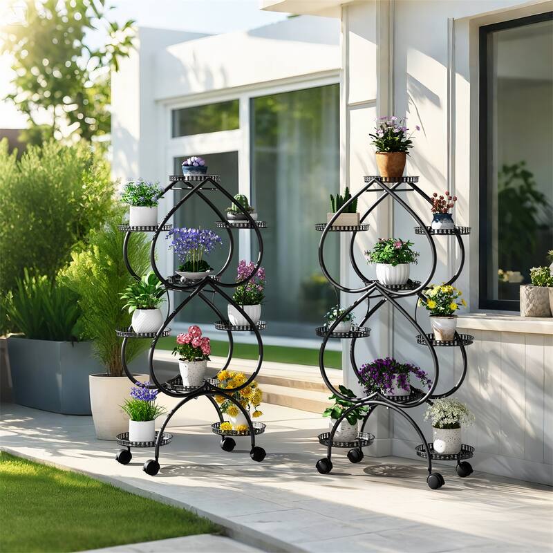 Large Double-heart Black Metal Plant Stand 9-Potted Flower Holder with Mobile Wheels Display Rack - 28.74x11.81x48.82 in