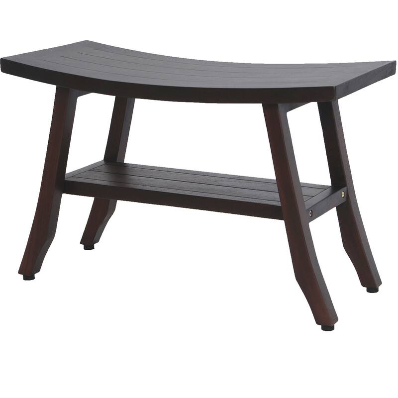 HomeRoots 28" Dark Brown Teak Rectangular Shower Bench With Shelf