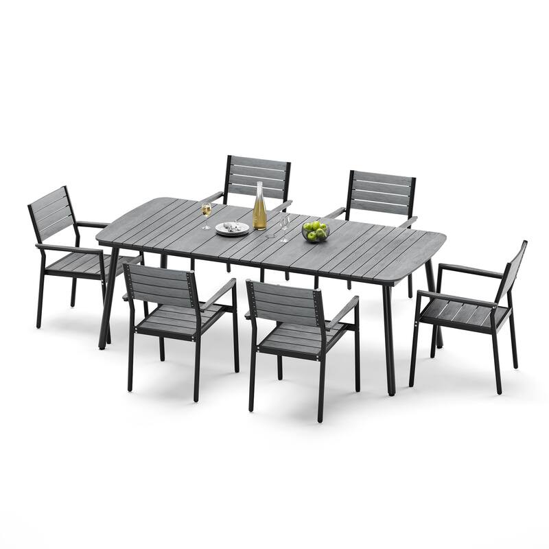 7-piece Patio Dining Set Outdoor Aluminum Rectangular Table with Umbrella Hole and Stackable Chairs