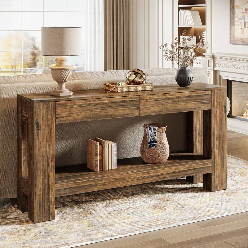63” Console Table Behind Couch with 2 Storage Drawers - DarkBrown