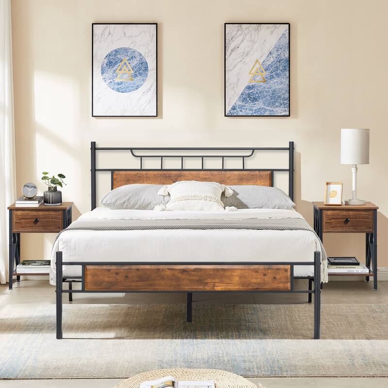 Taomika Mid Century 3-Pieces Bed and Nightstands Sets