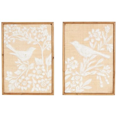 Wood Bird Home Wall Decor with White Painted Floral Patterns - Set of 2 Brown - Roche River Decor