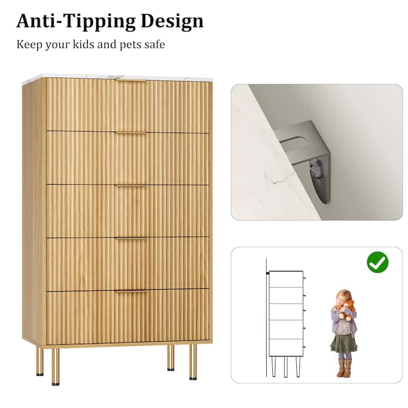 5 Drawer Fluted Dresser for Bedroom, Modern Wooden Storage Chest with Gold Handles