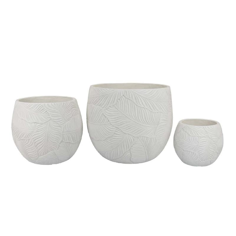 Sally Planter Set of 3, Round Intricate Leaf White Resin 17 13 9 Inch