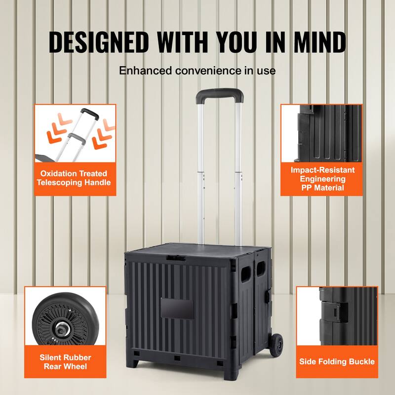 Foldable Utility Cart, 80 lbs Load Capacity, Folding Portable Rolling Crate Handcart with Durable Heavy Duty Telescoping Handle