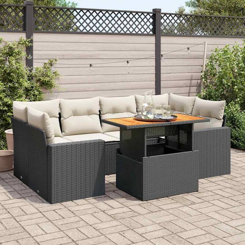 vidaXL Patio Sofa Set with Cushions Lounge Set Outdoor 7 Piece Poly Rattan - 21.7 x 39.4 x 28.7 - Black and cream with storage