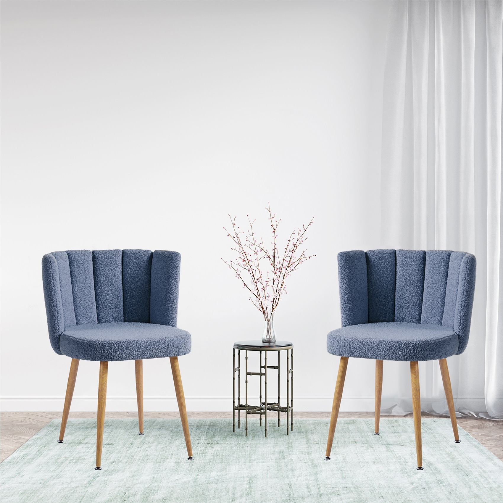 Blue Dining Chairs Set of 2 Fabric Accent Chair Plush Vanity Chair