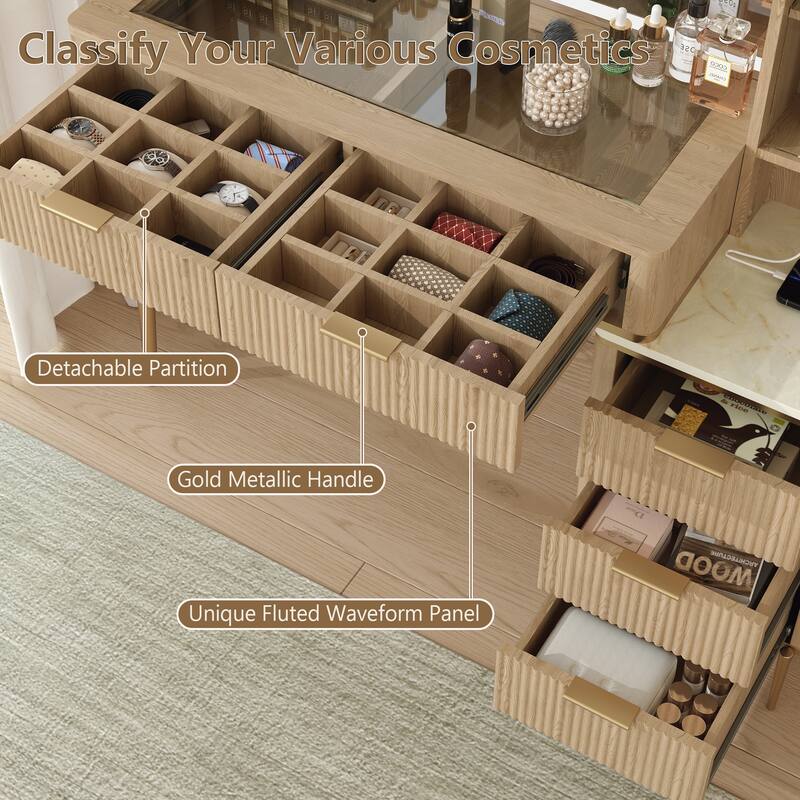 Modern Fluted Makeup Vanity Desk with Lighted Mirror, Dressing Table