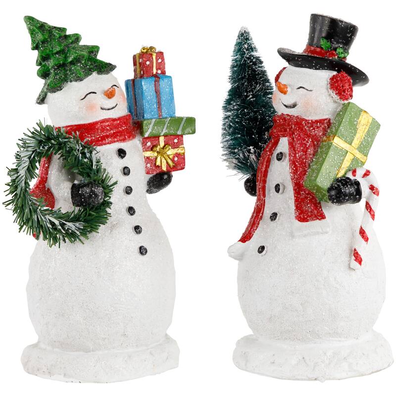 Shopping Snowmen Couple with Presents Christmas Figurines - 8" - Set of 2