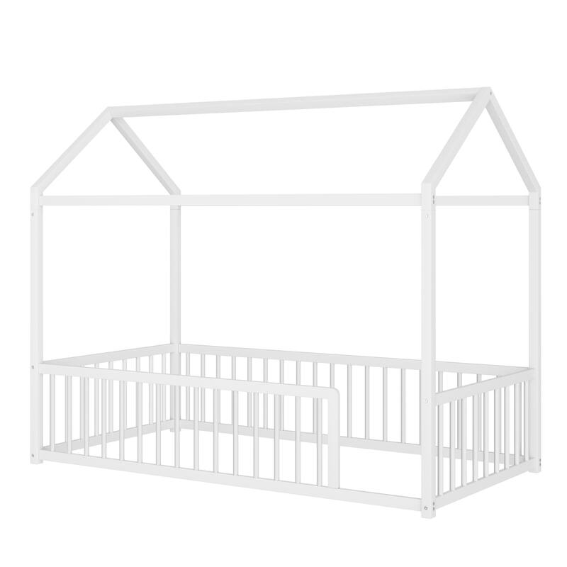 Montessori Metal House Bed with Low Entry & 3-Side Fence by Harper&Bright Designs